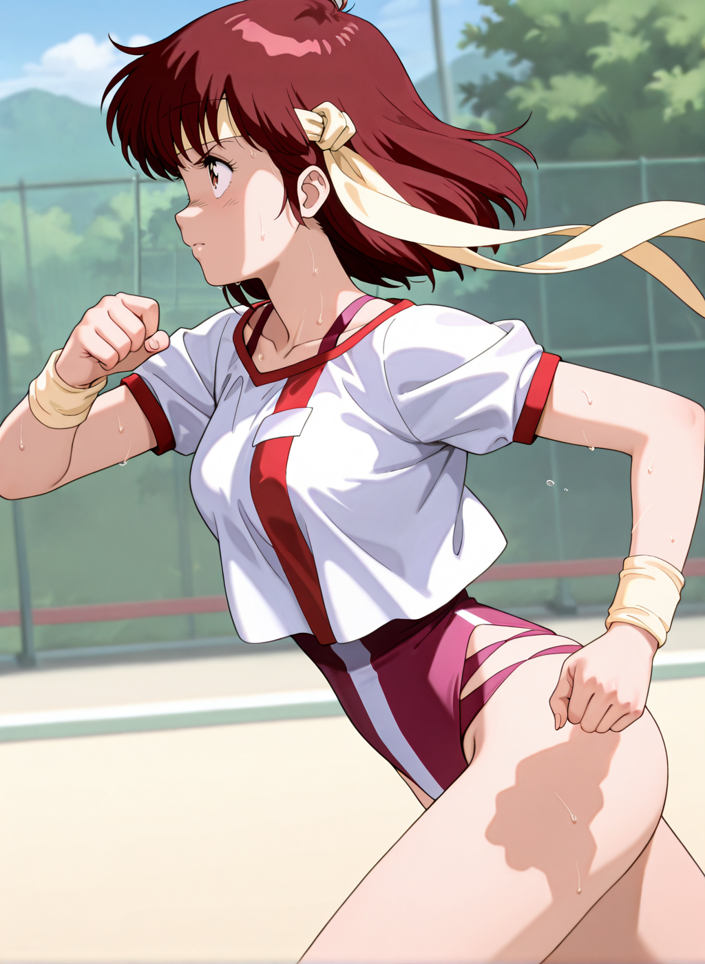 High quality,Ultra detailed,best quality,insanely detailed,beautiful,masterpiece,absurdres,very aesthetic,sensitive BREAK
<lora:takaya_noriko_V1_NOOB:1>,(takaya noriko, top wo nerae, red hair, short hair, brown eyes, 1980s \(style\), retro artstyle),(pink leotard,gym uniform,white shirt,collarbone,wristband,leotard under clothes),1girl,solo,posing,outdoors,running,serious,from side,sweat,bandana,
