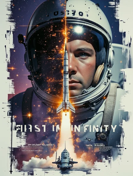 Modern art in double exposure style: close-up of the cosmonaut Yuri Gagarin in helmet with detailed texture and the inscription 'USSR' on the visor. To the left of the helmet is a silhouette of the 'VOSTOK' missile, partially superimposed with it. Background: abstract space with gradient from dark-lightblue to purple, filled with stars and flashes of light. The inscription 'first in infinity' is stylized in the lower part of the composition, slightly blurred like a piece of cosmic smoke. Emphasis on the contrast of glossy helmet surfaces and matte texture of the missile. Color palette: cool shades with orange and gold flashes, simulating engine flares and cosmic abyss
