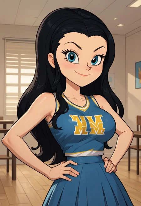 ((room background)),score_9, score_8_up, score_7_up,score_6_up, 
1girl, solo, Kelly_KB, light skin, blue eyes, black hair, long straight hair, blue cheerleading top with design, blue cheerleading skirt, white flat shoes, big eyes, cute, tall stature, social smile, perfect eyes, perfect smile, looking at the viewer, detailed eyes, perfect eyes, standing, big breasts (front pose, front view, bust shot) five fingers, perfect hands, hands on hips