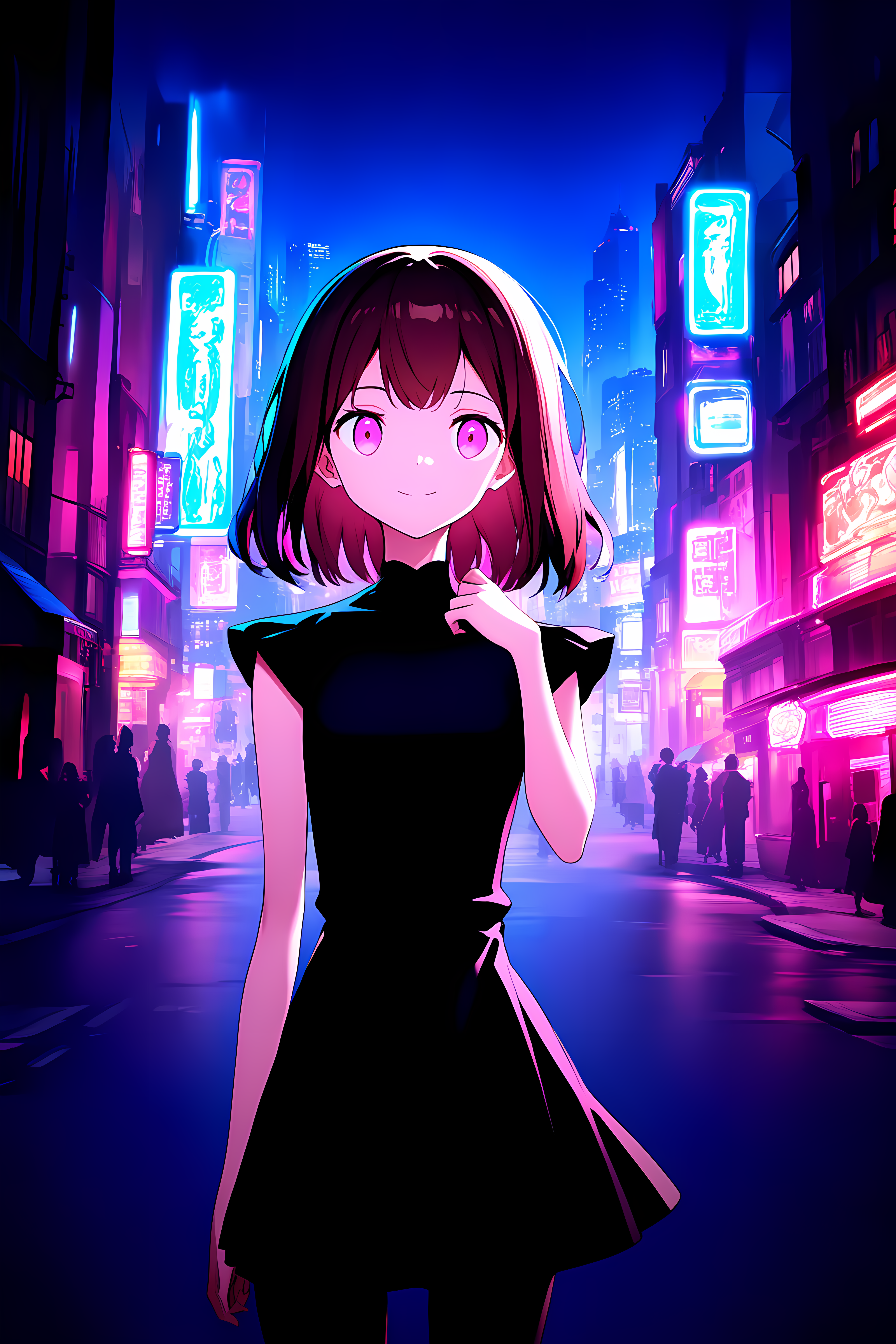 1girl, upper body, medium hair, brown hair, pink eyes, black dress, cap sleeves, black pantyhose, closed mouth, smile, hand up, outdoors, city, street, neon lights, night, night sky <lora:CapSleeves_NAI_vp:1>