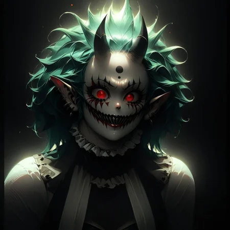 Clown demon, grotesque, horrifying, eerie, intricate, dark circus aesthetic, scarypunk, horrorcore, demoncore, masterpiece, anime style, spine chilling, hyperdetailed, photorealistic, dynamic lighting, inspired by pinterest art and nijijourney, niji style, best quality