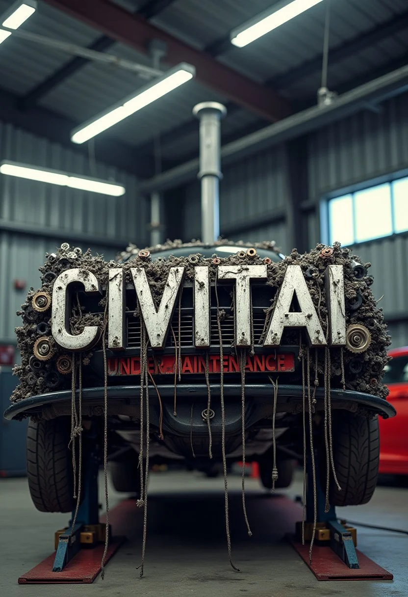 the word CIVITAI on a car garage elevated platform as if it was a car, lots of wires and sprockets are falling from the word, background is a high performance tuning garage , at the bottom text reads UNDER MAINTENANCE
