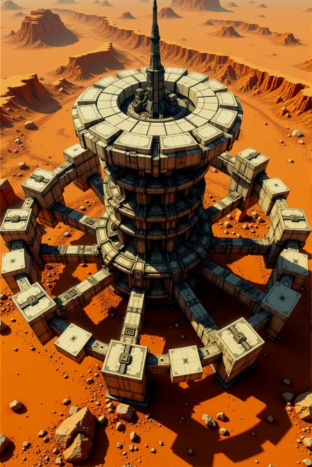 <lora:Legacy_of_the_forerunners_r1:0.8>
Perched in the cratered chaos of a Martian-like landscape, a forerunner outpost bristles with tiered radial armsâeach arm holding collapsed gates and worn aerial plates, arranged with mathematical precision around a central axis tower. From orbit, the design resembles a machine flower in permanent bloom, aligned with deep crustal fault lines. The outpost is cold, still, but not dead; power nodes occasionally flicker to life in whispering pulses. Material composition blends polycrystalline composites with lava-hardened alloy sheets. Style: xeno-industrial desolation with oxidized sandstone hues and frigid lunar-gray shadows. Camera: orbital oblique from high altitude with long focal tilt, revealing full radial geometry in planetary context.