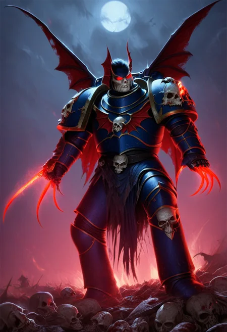 8K masterpiece, detailed, realistic, digital art, octane render, trending on artstation, horror theme, mono lighting, ((red lighting:1.2)), cowboy shot, tall stature, (night lord), battle aged, ((solo:1.5)), red glowing eyes, full armor, pauldron, (multiple bat_wings:1.2), winged helmet, blood, flame, skull, ((glowing claws:1.2)), claw (weapon), one-knee, death, dead bodies, carcass, <lora:Night Lords MK1 by CARAXES:0.65>