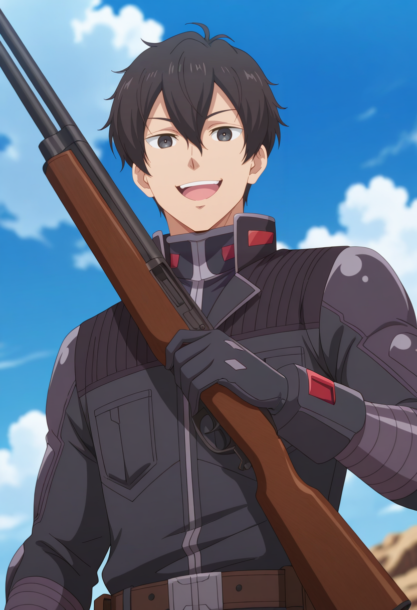 masterpiece, best quality, amazing quality,high resolution,intricate details,official style,depth of field,anime screencap , , , 1boy, solo, male focus,  <lora:Leon_Fou_Bartfort:0.73>,leon fou batfort,black hair,black eyes,short hair,looking at viewer, smile, open mouth, gloves, holding, hair between eyes, jacket, upper body, weapon, :d, outdoors, teeth, sky, day, cloud,pilot suit, holding weapon, black jacket, blue sky, gun, upper teeth only, cloudy sky, holding gun, rifle,from below