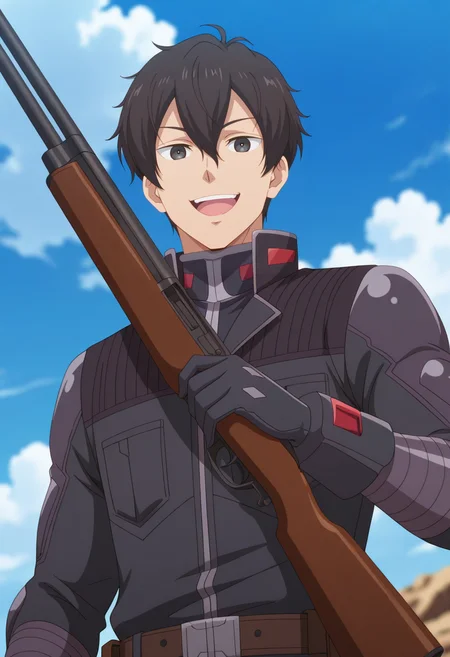 masterpiece, best quality, amazing quality,high resolution,intricate details,official style,depth of field,anime screencap , , , 1boy, solo, male focus,  <lora:Leon_Fou_Bartfort:0.73>,leon fou batfort,black hair,black eyes,short hair,looking at viewer, smile, open mouth, gloves, holding, hair between eyes, jacket, upper body, weapon, :d, outdoors, teeth, sky, day, cloud,pilot suit, holding weapon, black jacket, blue sky, gun, upper teeth only, cloudy sky, holding gun, rifle,from below
