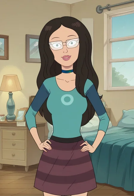 score_8, score_8_up, score_7_up, 1girl, female focus, Solo, Mgirlfriend_RaM, light skin, dark-brown hair, long hair, dark pink lips, glasses, black eyes, black choker, form-fitting teal thumb-hole shirt, light-teal circle on the chest, striped purple and dark pink skirt, tan coloured flats, smile, standing, indoors, bed, bedroom, nightstand, lamp, window, looking at the viewer, happy, hands on hips,