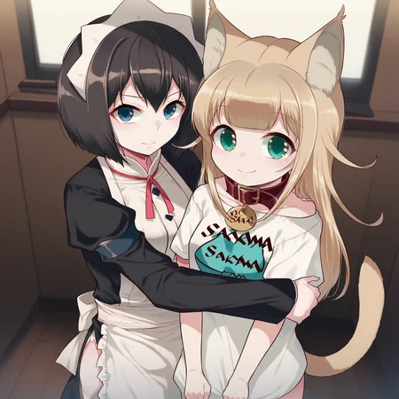 <lora:40hara_pony_v2:1> score_9, indoors, living room, curtains, window, backlighting, mother and daughter, source_anime, 2girls, hug,
2girls, maid, legwear, stockings, black hair, black maid uniform, maid headdress, looking at viewer, thigh highs, ribbons, short hair, blue eyes, uniform, accessory, standing, hug
2girls, cat girl, cat tail, cat ears, solo, text on shirt, collar, blonde hair, topwear, looking at viewer, white shirt, teal eyes, inner ear fluff, clothed, green eyes, :3, smile, chibi, hug