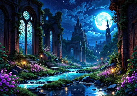 The Moonlit Ruins of the Celestial Garden
A crumbling steampunk garden, adrift in the void, where moonlight filters through shattered stained glass arches, casting soft amethyst and cobalt hues over overgrown paths of glowing moss and broken bronze statues. Massive gears, entwined with vines of luminescent ivy, slowly turn, driven by an unseen force. The air carries a faint melody, a song of a world that no longer exists, mixed with the scent of moon-drenched flowers, aged copper, and distant echoes of an empire that fell to the stars.

