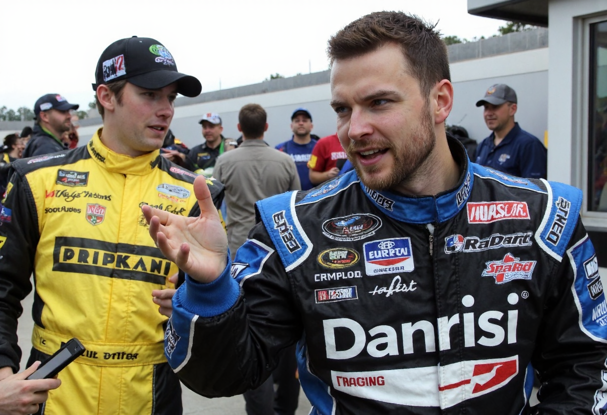 s2ms8ng . Nascar racecar driver wearing a  jumpsuit with lots of diffrent sponsor logos. large text on jumpsuit that says "Danrisi racing" . getting interviewed next to racetrack  <lora:Samsung_UltraReal:1.0000000000000002>