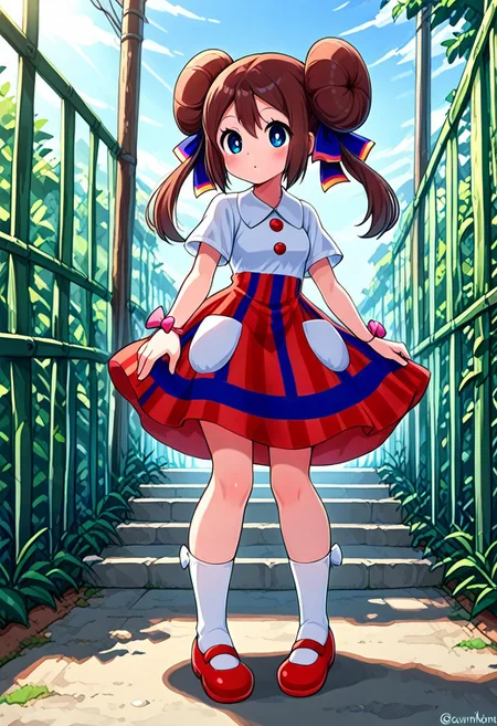 masterpiece, best quality, amazing quality, 1girl, solo, standing, sunny, sky,,rosalnb, brown_hair, blue_eyes, hair_ribbon, double_bun, twintails, dress, collared_shirt, white_shirt, red_skirt, multicolored_clothes, short_sleeves, red_buttons, white_pockets, pink_bracelet, ribbon_bracelet, knees, white_socks, red_footwear, mary_janes, meadows