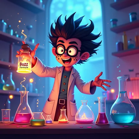 From a low-angle view, a cartoonish, zany scientist is in a colorful, light-hearted mad scientist lab, surrounded by fog and mystery. The scientist is performing a crazy experiment with chemistry equipment scattered around—beakers, flasks, and tubes. Their hair is frazzled and spunky, and they wear a white lab coat with black explosion marks on their face. In their hand, they hold a glowing container labeled 'Buzz Formula.' Bright neon colors light up the lab, creating a dynamic, whacky atmosphere. Light reflects off the glassware, and swirling energy trails enhance the cartoonish chaos. The scene feels foggy, yet vibrant and full of zany energy