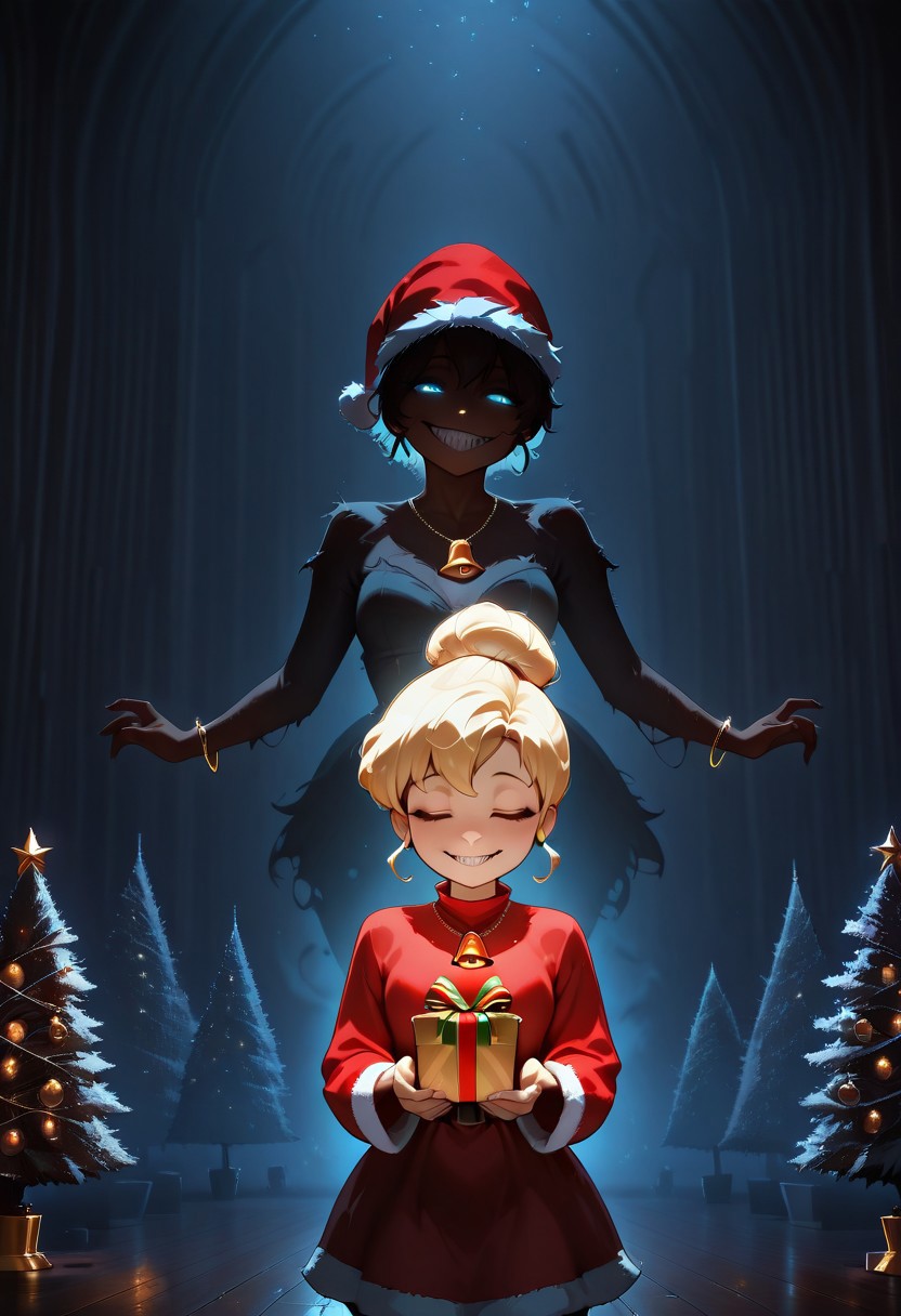 masterpiece, best quality, newest, absurd res, highres, hi res, beautiful, scenic, 1girl, TinkerWaifu, Blonde hair, single hair bun, blue eyes, wearing Red santa dress with a white fur trim, red santa hat with a white fur trim, gold bell bracelet, gold bell necklace, gold bell earrings, holding a present, anime style, dark skin, non-reflective skin, glowing eyes, different sized eyes, iris patterns, ethereal glow, closed eyes, half lidded eyes, wide smile, predatory smile, sharp teeth, white teeth, bust up, waist up, three quarters view, playful expression, energetic pose, space background, clean lines, vibrant colors, semi realistic lighting, horror theme, digital art, concept art, high detail, dramatic lighting, dark light contrast, eerie cuteness, cute and creepy, adorable horror, dark cute, kawaii x horror, Lovecraftian aesthetics, eldritch elements, CR33P1NGF0G, fog, dark, haze, chiaroscuro, low-key, night, foggy, mysterious, in living room, Christmas tree fading out, walls rotting,