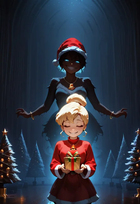 masterpiece, best quality, newest, absurd res, highres, hi res, beautiful, scenic, 1girl, TinkerWaifu, Blonde hair, single hair bun, blue eyes, wearing Red santa dress with a white fur trim, red santa hat with a white fur trim, gold bell bracelet, gold bell necklace, gold bell earrings, holding a present, anime style, dark skin, non-reflective skin, glowing eyes, different sized eyes, iris patterns, ethereal glow, closed eyes, half lidded eyes, wide smile, predatory smile, sharp teeth, white teeth, bust up, waist up, three quarters view, playful expression, energetic pose, space background, clean lines, vibrant colors, semi realistic lighting, horror theme, digital art, concept art, high detail, dramatic lighting, dark light contrast, eerie cuteness, cute and creepy, adorable horror, dark cute, kawaii x horror, Lovecraftian aesthetics, eldritch elements, CR33P1NGF0G, fog, dark, haze, chiaroscuro, low-key, night, foggy, mysterious, in living room, Christmas tree fading out, walls rotting,