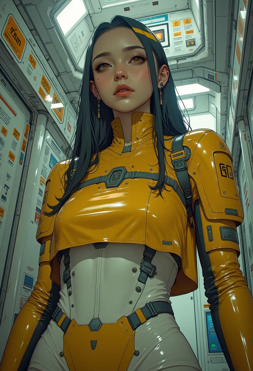 score_9, score_8_up, score_7_up, score_6_up, cyberpunk, anime, action shot,
score_9, score_8_up, score_8, Expressiveh, easynegative, ng_deepnegative_v1_75t, Expressiveh, <lora:The_spacecraft:1>,
lowangleview-3000, focus on face (extremely detailed), dynamic poses,
1girl in narrow passageway of a spacecraft (1 sexy 20yo girl, face (detailed, gorgeous, perfect, flawless, stunning), perfect face, gorgeous body, flawless, bodysuit (gold, sci-fi), eyes (light golden eyes), hair (long, straight, black hair with gold streaks), very thin body, black lips, small breasts. innocent, small body, cute girl, blush, very beautiful, medium breasts, thigh gap),
(tentacles: 0.0),
{vore, worm vore: 0.0),