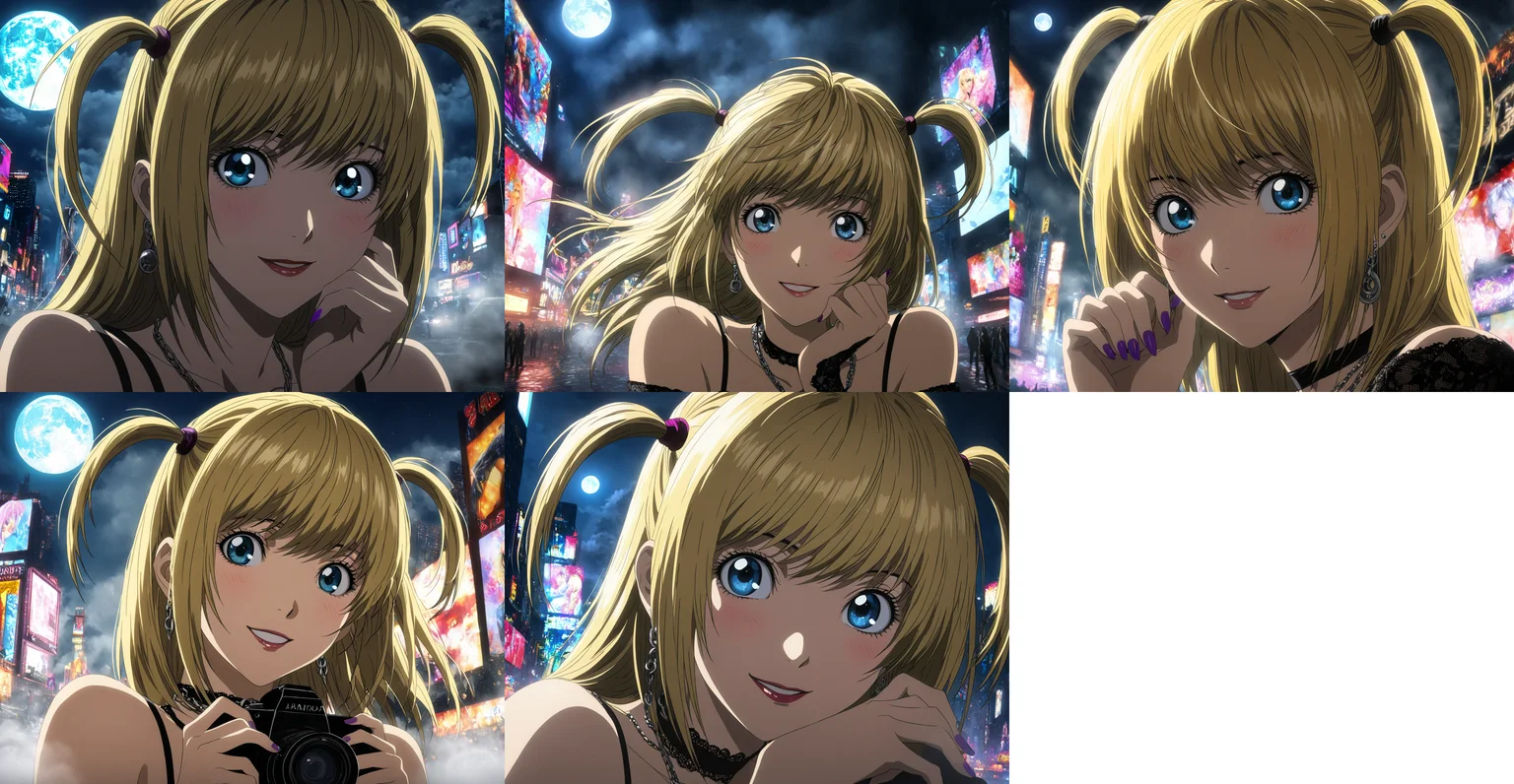 1girl, portrait of Misa Amane, death note, Modern Anime, adult female, From Death Note anime, best quality, 8K, DSLR quality, Bloom Lighting, Good Face, Beautiful Face, Slim, highly detailed, glow, extreme details, fog, smoke, blond hair, full body, happy, smile, perfect eyes, <lora:perfect-eyes:1>, perfecteyes, eyes reflection, detailed eyes, upper body, hdr quality, full of color, smoke, cinematic, night, moon light, 2010s, windy, hair swaying in wind, purple nail polish, nigh time, blue eyes, grainy, chromatic aberration, adult woman, Depth of field effect, uwu, cute, blush, perfecteyes, eyes reflection, detailed eyes, upper body, shy smile, hdr quality, hands doing cute pose, full of color, smoke, cinematic, in city, times square, no crowd, <lora:misa_amane-step00000862:1>