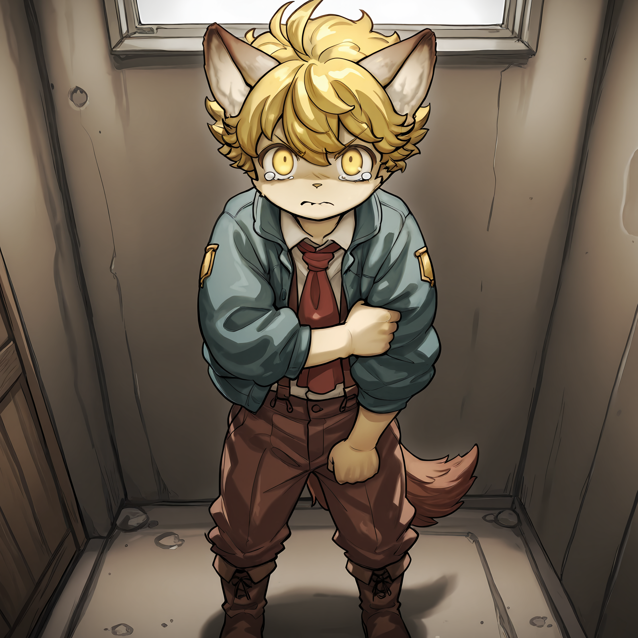 masterpiece, best quality, (absurdres), (highest quality), amazing quality, very aesthetic, no humans,
BREAK, <lora:Malt_Marzipan:1>, malt marzipan, fuga: melodies of steel, young male, 1boy, animal ears, yellow eyes, blonde hair, tail,
BREAK, boots, brown pants, suspenders, jacket, shirt,
BREAK, solo, standing, looking at viewer, holding arm, angry, tears, looking at viewer