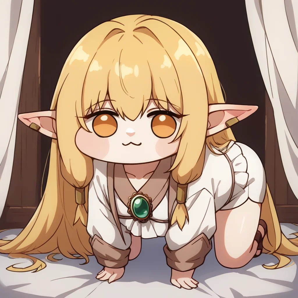 score_9, score_8_up, source_anime, 1girl, solo, Serie, long hair, hair tubes, ear bar, white dress, short dress, green brooch, white robe, short robe, white shorts, doro, creature, :3, chibi, all fours, no humans, white skin, four legs, solid circle eyes, no pupils, <lora:ChamSeriePonyXL:1.0>, <lora:Doro_X_PDXL_V1:1.0>