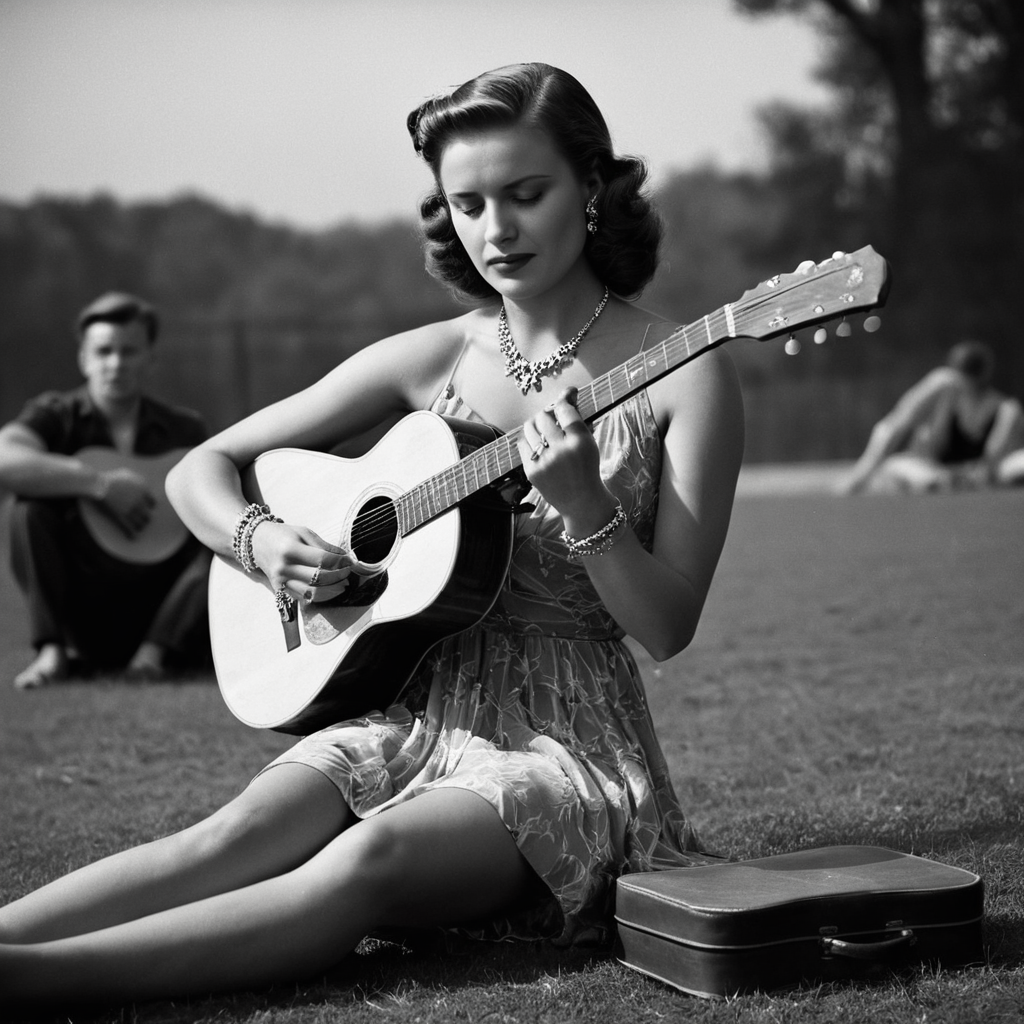 cinematic film still of  <lora:1940's style:1>
In the 1940's a woman sitting on the ground playing a guitar,1girl,solo,dress,jewelry,sitting,monochrome,closed eyes,greyscale,necklace,bracelet,chair,ring,crossed legs,instrument,realistic,music,guitar,playing instrument  ,realistic,realism,perfection,perfect,filmic,retro,vintage,classic,different haircut,different look,different style,1940's style , 1940 style, shallow depth of field, vignette, highly detailed, high budget, bokeh, cinemascope, moody, epic, gorgeous, film grain, grainy