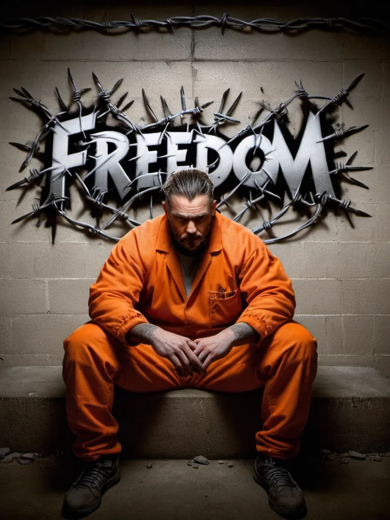 "FREEDOM" text logo <lora:Harrlogos_v2.0:0.69> ral-barbwire graffiti thick black outlines, calygraphic wildstyle ral-oilspill bombing, thick lines <lora:ral-barbwire-sdxl:0.65> a muscular man in orange prison suit looking at viewer sitting in his dark light and dirty prison cell, carved ral-barbwire graffiti on his wall