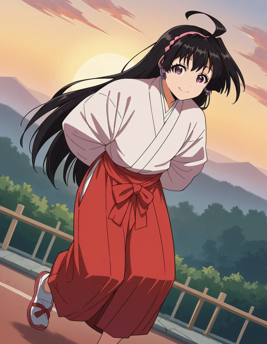 score_9, score_8_up, score_7_up, source_anime, <lora:ayako-mochizuki-s1-ponyxl-lora-nochekaiser:1>, ayako mochizuki, long hair, black hair, purple eyes, ahoge, hairband,, skirt, japanese clothes, hakama, miko, red hakama,, suburban neighborhood, morning jog, earphones, running shoes, fresh air, sunrise, smile, looking at viewer, hands behind back, bent over,, solo,, cowboy shot, dutch angle