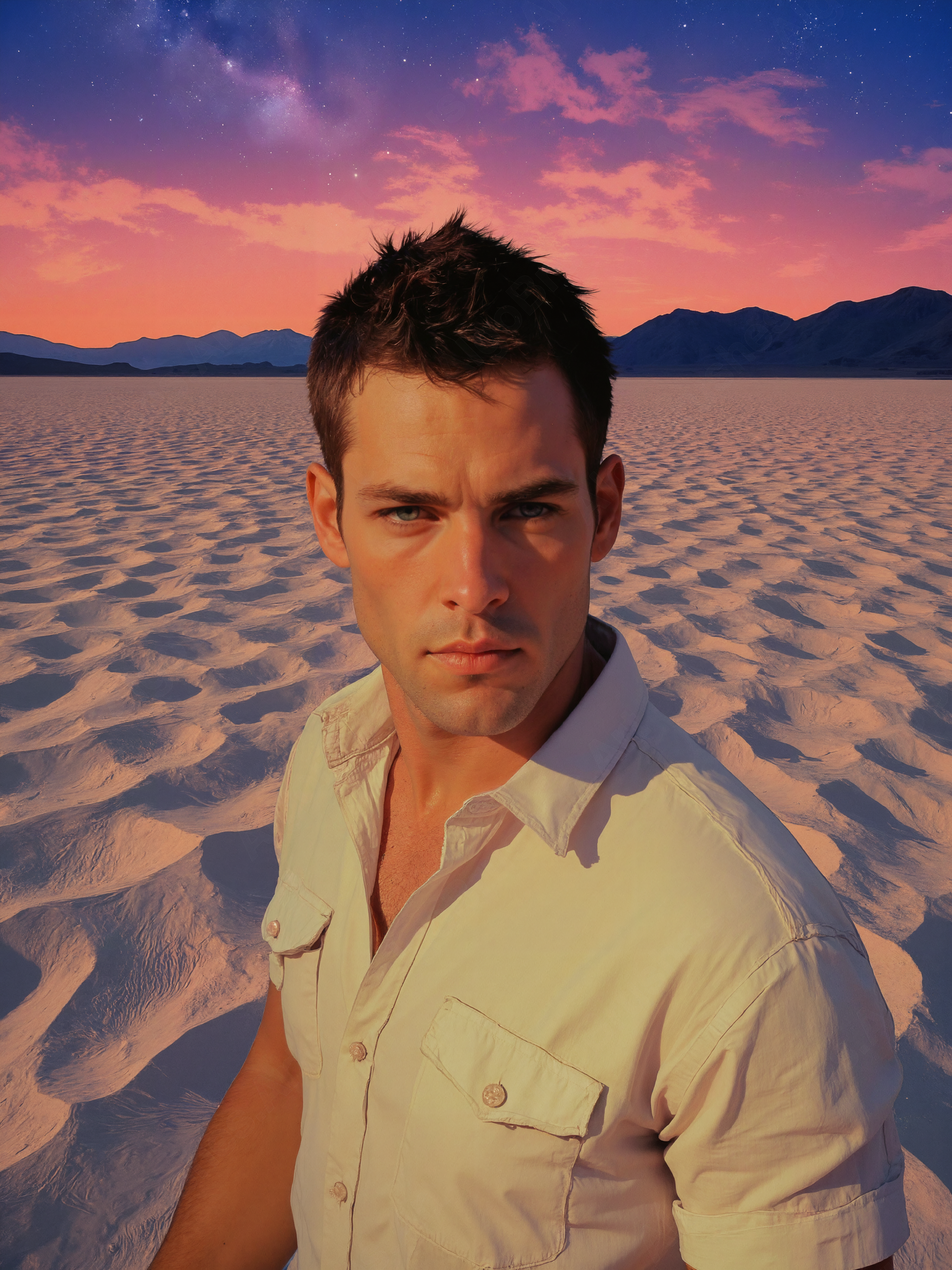 Medium shot of a handsome man, behind him is an endless desert at twilight, stretching into a fractured kaleidoscope of geometric patterns that mirror the starry sky above. He is a muscular man with ivory pink skin and short hair. He looks at the viewer. Analog film grain accentuates the warmth of golden-hour light, with shallow depth of field blurring the horizon. The sky juxtaposed against the surreal, prismatic ground. Soft vignetting frames the scene, evoking isolation and cosmic wonder.