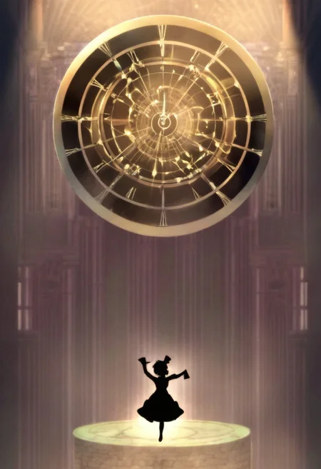silhouette of a dancing puppet against the background of a large clock tower