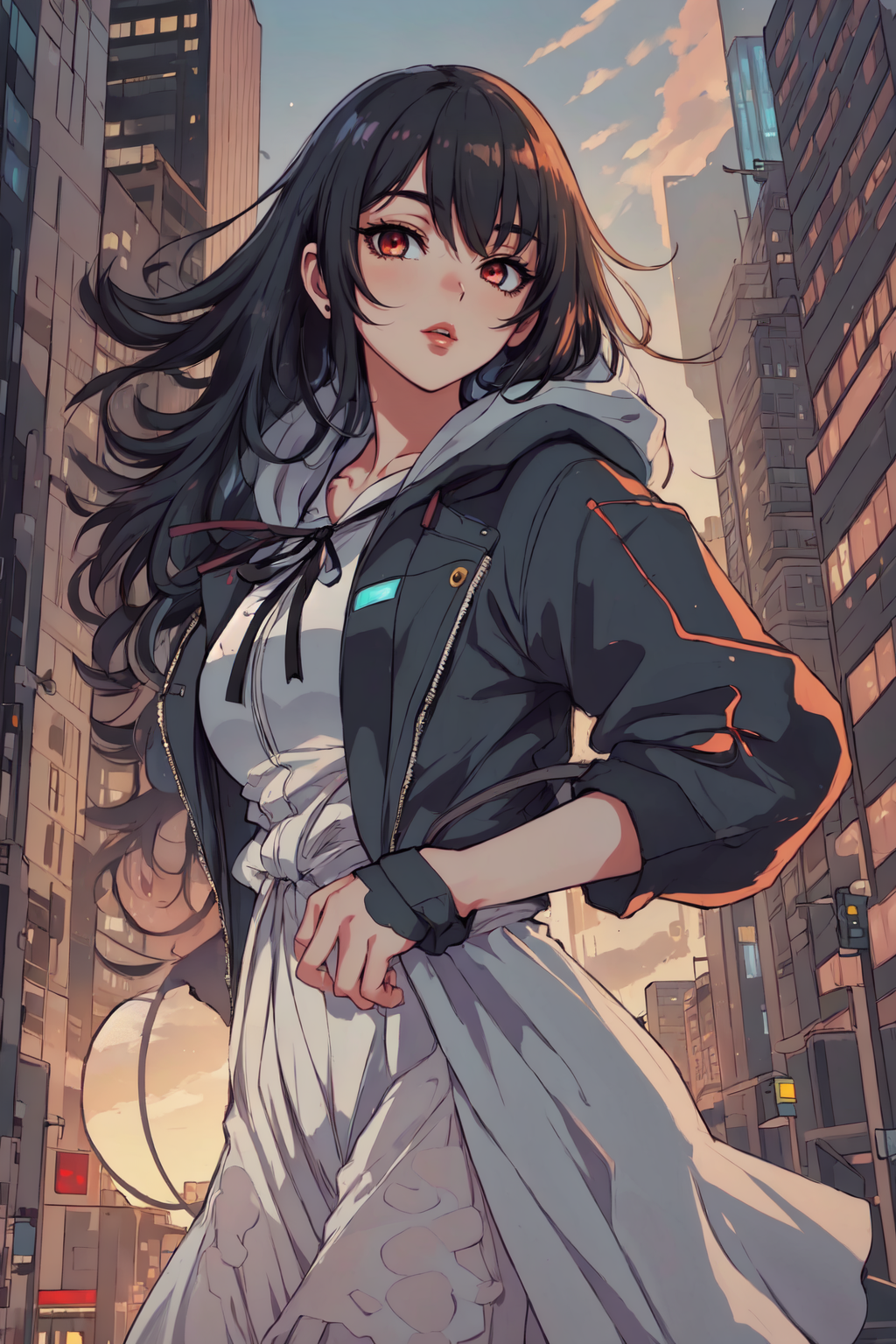 (masterpiece, best_quality, ultra-detailed, immaculate:1.3), epic, illustration, render, volumetric lighting, welcoming, see-through gossamer, in Japan,Paint_Style, 1girl, looking at viewer, black hair, 1boy, jacket, upper body, outdoors, parted lips, solo focus, hood, medium hair, lips, makeup, headphones, hood down, building, city, red lips, cyberpunk<lora:Paint_Style:1>