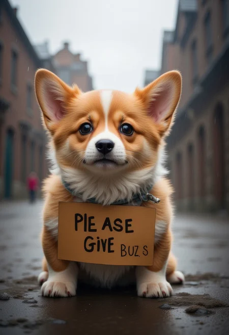 a very cute corgi puppy with watery eyes, lost in a small very village , This very cute little puppy holds a sign, with "Please Give Buzz" written on the sign, only one sign,
sad expression, perfect masterpiece, watery eyes, raining, puddle, mud,
<lora:Add_More_details_Flux:1>