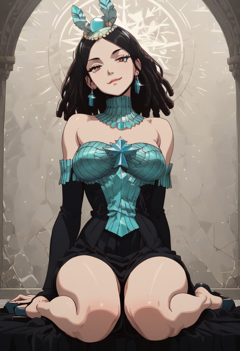 <lora:add-detail-xl:1.3>, score_9, score_8_up, score_7_up, score_6_up, score_5_up, score_4_up, rating_expilcit, 16K UHD, masterpiece, highest quality, rating_explicit, 1girl, solo, slimes_amaryllis, black hair, undressing, sexy posing, flirting, tits popping out, medium breasts, bare shoulders, bare legs, sitting, g0thicPXL, sexy pose, seductive smile, horny, biting lips, Expressiveh, dynamic angle, dynamic pose, (cartoon), afrobullstyle, vivid colors, colorfull, full body shot, negative_hand