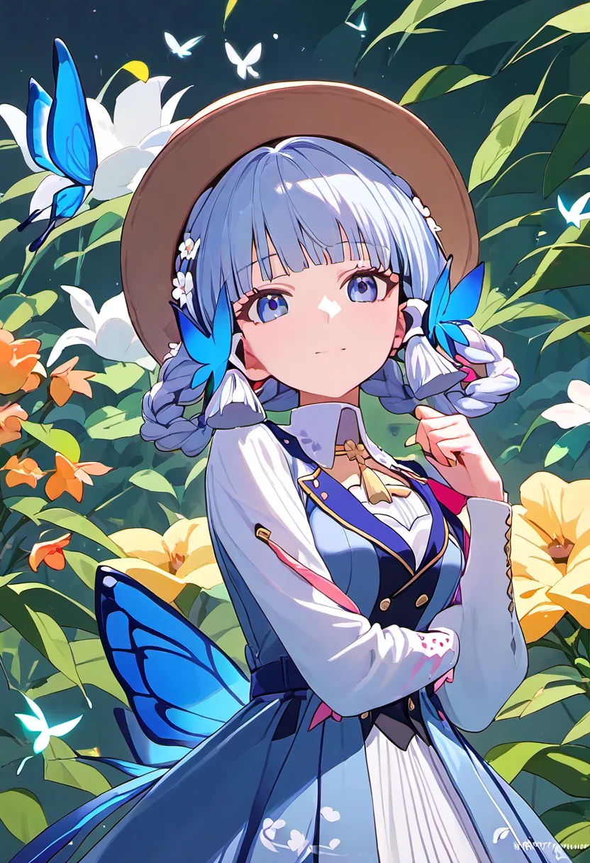score_9,score_8_up,score_7_up, kamisato_ayaka_(springbloom_missive), highres, 1girl, genshin_impact, official_alternate_costume, blue_eyes, butterfly_hair_ornament, blue_dress, hair_flower, blunt_bangs, official_alternate_hairstyle, light_blue_hair, brown_headwear