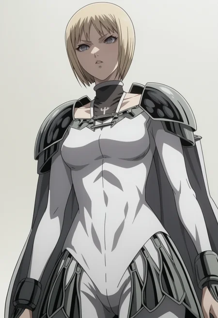score_9, score_8_up, score_7_up, source_anime, BREAK , 1girl, solo,, white background, cowboy shot, <lora:DX888Clare:1>clare, bodysuit, cape, pauldrons, grey eyes, medium breasts, ,dynamic pose, anime screencap, from below,
