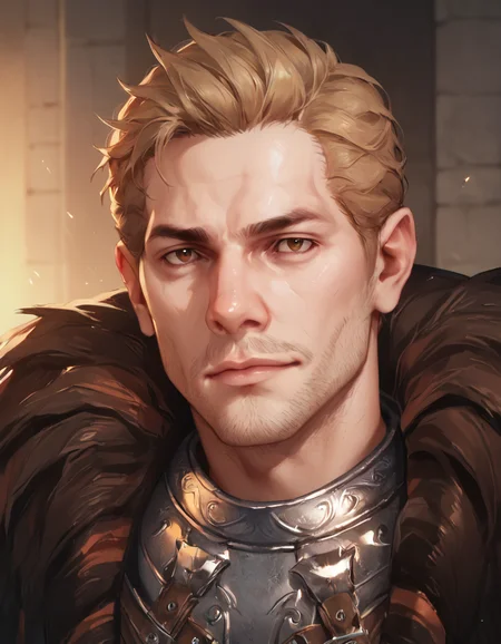score_9, score_8_up, score_7_up, score_6_up, score_5_up, <lora:DAI_-_Cullen_-_Pony_3:0.8> cullen_rutherford, brown eyes, male, fur-trimmed cloak, pauldrons, breastplate, shirt, portrait, looking at viewer