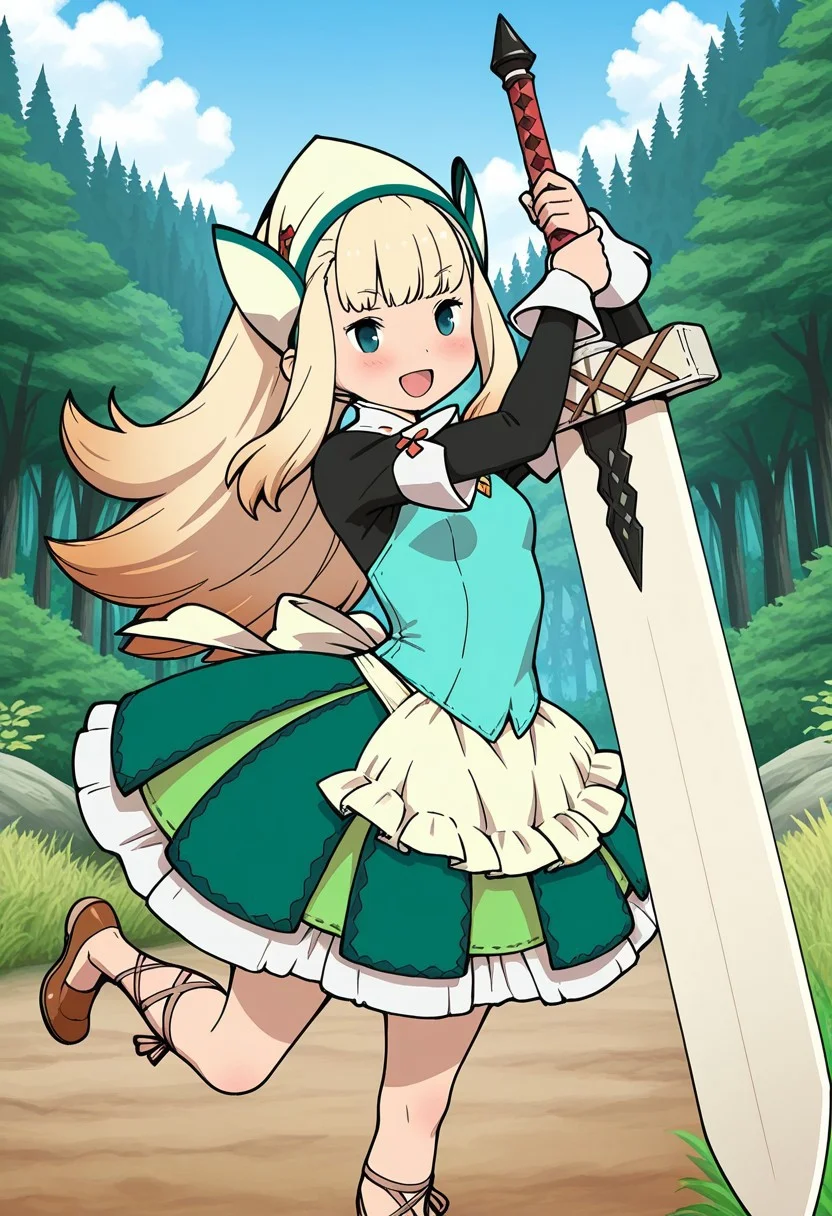 bravely_default_(series),monster_hunter_(series),masterpiece,anime_coloring,anime_clothing,amazing_quality,1girl,blonde_hair.long_hair,Helper_clothes, apron, green dress, long sleeves, dress, frilled apron, head scarf, waist apron, puffy sleeves, cross-laced footwear, brown footwear ,solo,blush cheek,smile,open mouth,close-up face,holding_huge_sword,great_sword,(dynamic_pose), forest,day sky,