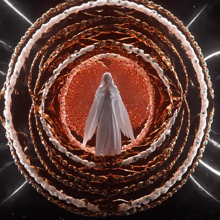 leogirl, seraphins, mystical creature with hundreds of eyes and wings, with the shape of a giant ring, circular hoops around body, massive size, angelical lights <lora:Seraphins1.0-000038:0.8>