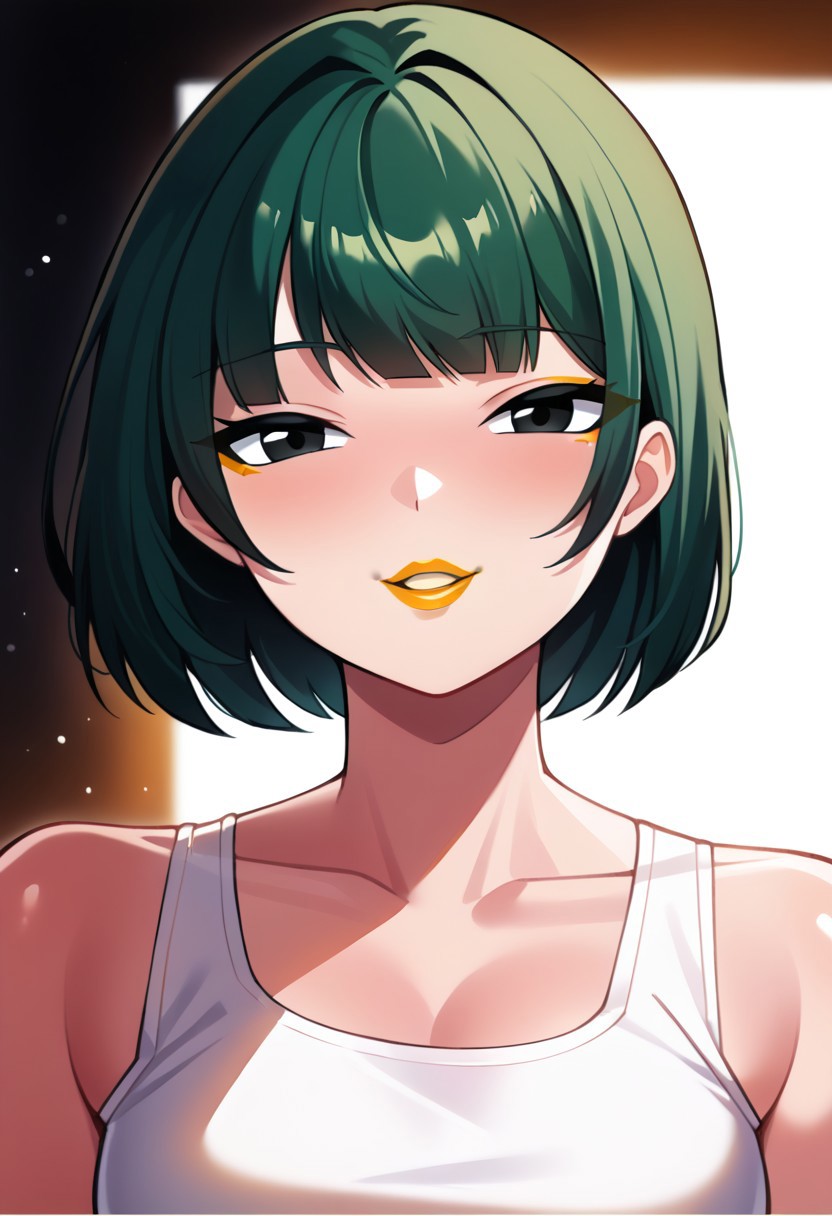 score_9, score_8_up, score_7_up, score_6_up, solo RAW photo, Bo Wei Style, source_anime, lineart, volumetric lighting, natural, close up shot, bokeh, (Masterpiece, Best Quality, Highres:1.2), best quality, absurdres, Cinematic Lighting,
BREAK 
<('1girl': ('young'+'green hair'+'carefree'+'bob cut'+'bangs'+'white tank top'+'eyeliner'+black eyes+'orange lipstick'),
((korean))))>,