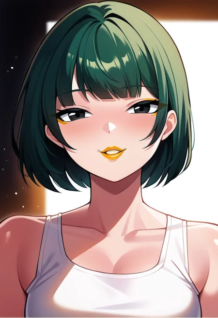 score_9, score_8_up, score_7_up, score_6_up, solo RAW photo, Bo Wei Style, source_anime, lineart, volumetric lighting, natural, close up shot, bokeh, (Masterpiece, Best Quality, Highres:1.2), best quality, absurdres, Cinematic Lighting,
BREAK
<('1girl': ('young'+'green hair'+'carefree'+'bob cut'+'bangs'+'white tank top'+'eyeliner'+black eyes+'orange lipstick'),
((korean))))>,