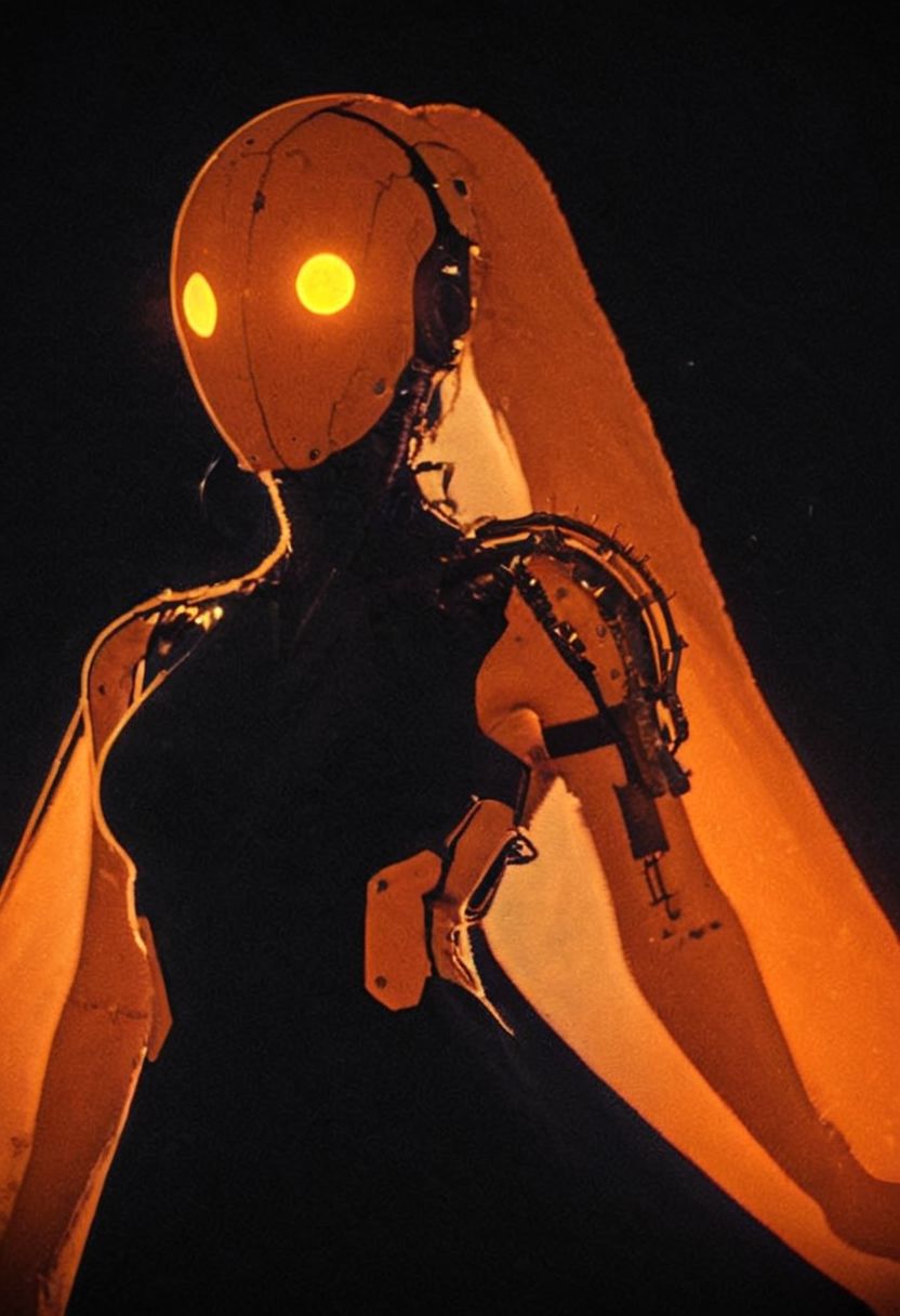Closeup silhouette of a woman wearing a sexy Mask holding insectnet by night, Long Cape, billowing long dark-blue High collar velvet dress and hair, creating a cyberpunk Steampunk scene with desaturated translucent DARK orange and beige details, colorful (polaroid:0.7) with vibrant colors, (vacations, high resolution:1.3), (small, selective focus, european film:1.2), (sexual advance:1.1), closeup