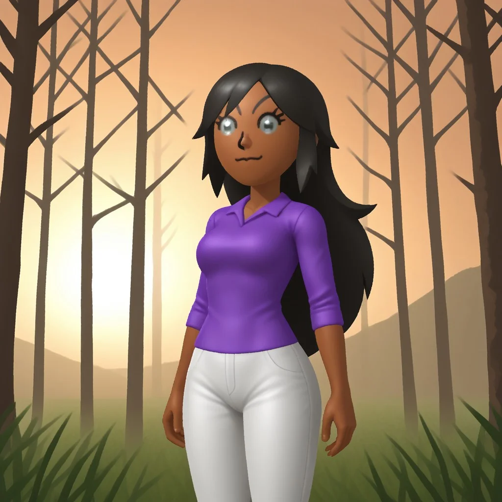 score_9, score_8, BREAK, solo, wii, mii, wii sports, 1girl, female mii, gray eyes, stars in eyes, byakugan, black hair, black eyebrows, dark skin, purple clothing, white pajama pants, barefoot, nintendo mii, modern_mii, classic_mii, breasts, Awakened_Haru_(OC_Mii), sexy pose, smile, outdoors, sunlight, shadows, evening lighting, natural lighting, forest, trees, grass, orange sky, sunset