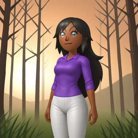 score_9, score_8, BREAK, solo, wii, mii, wii sports, 1girl, female mii, gray eyes, stars in eyes, byakugan, black hair, black eyebrows, dark skin, purple clothing, white pajama pants, barefoot, nintendo mii, modern_mii, classic_mii, breasts, Awakened_Haru_(OC_Mii), sexy pose, smile, outdoors, sunlight, shadows, evening lighting, natural lighting, forest, trees, grass, orange sky, sunset