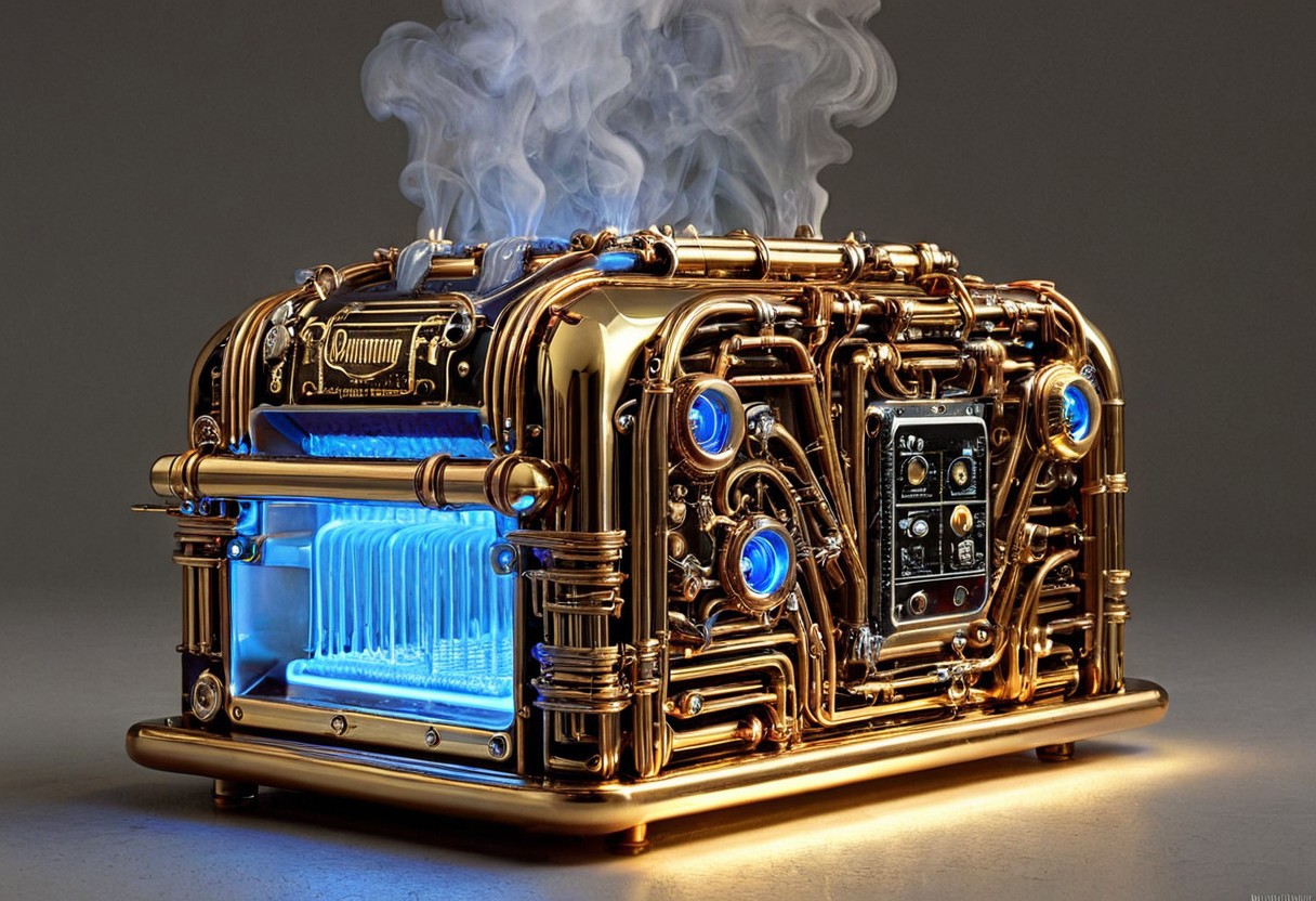 a raw photograph of a steam punk toaster in qu4ntum style, covered in brass pipes and silver wires and glowing gold circuits, blue glowing display,  hyperrealistic,masterpiece,magazine advertisement