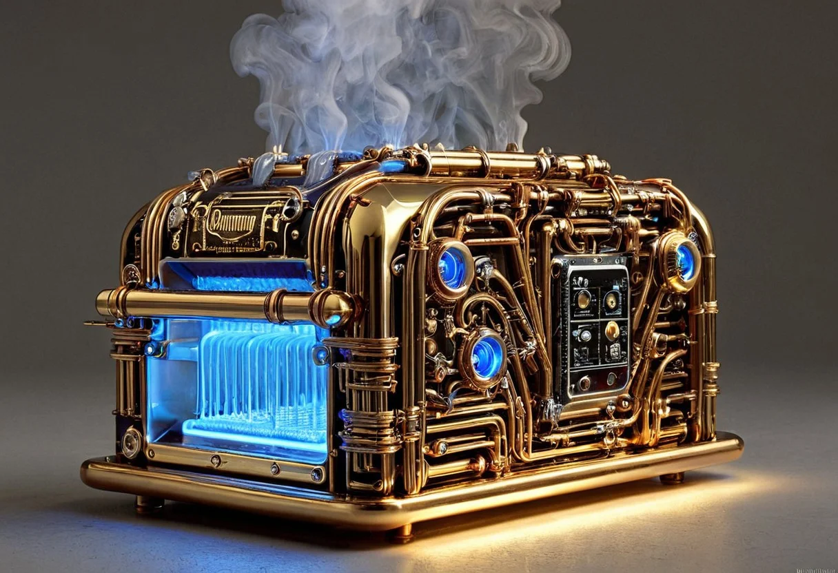 a raw photograph of a steam punk toaster in qu4ntum style, covered in brass pipes and silver wires and glowing gold circuits, blue glowing display, hyperrealistic,masterpiece,magazine advertisement