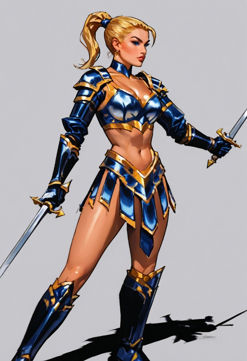 (score_9_up, score_8_up, score_7_up, score_6_up),, (high quality), (high resolution), , beautiful eyes, perfect lips, Taria_Mace, blonde hair, ponytail, blue eyes, bikini armor, dark-blue armor, thighhigh boots, greaves, shoulder armor, pauldron, elbow cop,  long sleeves armor, gauntlets, gold trim, gold handle,  standing, two swords, upper body, looking at view, large brasts, wide hips, slim waist, sexy BREAK, simple background, BREAK score_9, score_8, score_7
