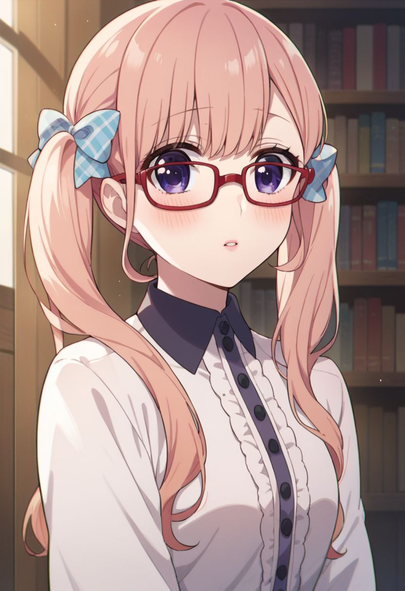 score_9, score_8_up, score_7_up, source_anime,ririna sanada, 1girl, solo, long hair, looking at viewer, blush, shirt, bow, twintails, purple eyes, pink hair, hair bow, parted lips, indoors, red-framed eyewear, bookshelf