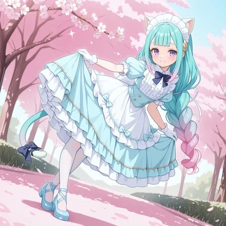 1girl, suelecia, very-long hair, single braid, aqua hair, two-tone hair, gradient hair, multicolored hair, pink tips, pink highlights, pink streaks, hair ornament, masterpiece, best quality, absurdres, catgirl, aqua cat ears, aqua cat tail,
(pastel theme, lolitafashion:1.2), pastel lolitafashion, sweet lolitadress, shiny lolitadress, victorian dress, kawaii, cute, moe, puffy padded dress, petticoat, puffy sleeves, pastel colors, pastel pink, pastel blue, frilled wide skirt, white pantyhose, pastel dress, puffy sleeves, gloves, pastel headdress, many bows, multiple bows, ribbons, frills, frilled fabric, center frills, sparkles, glitter, cute lolitashoes, leg ribbon, tail ornament, tail ribbon, tail bow,
outdoors, nature, park, cherry blossom trees,
solo, from side, full body, dynamic pose, dutch angle, looking at viewer, happy smile, curtsey, skirt hold, crossed ankles, bowing, leaning forward,
intricate, highly detailed, majestic, shallow depth of field, movie still, circular polarizer