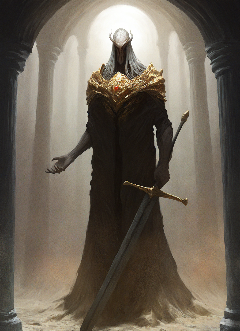 artist:, masterpiece, best quality, newest, very awa, absurdres, highres, mnsr, old man, long grey hair, skinny, golden plate armor, giant sword, dust, white room, white bricks, small window, detailed, <lora:SDXL\Illustrous\Monster_Concept-Illu-mnsr:1.0>
