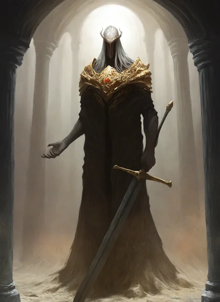 artist:, masterpiece, best quality, newest, very awa, absurdres, highres, mnsr, old man, long grey hair, skinny, golden plate armor, giant sword, dust, white room, white bricks, small window, detailed, <lora:SDXL\Illustrous\Monster_Concept-Illu-mnsr:1.0>