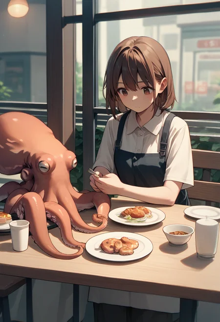 score_9, score_8_up, score_7_up, score_6_up, source_anime, <lora:octopus_v0.3-pony:1>
1girl, brown hair, table, restaurant,
octopus, plate,
