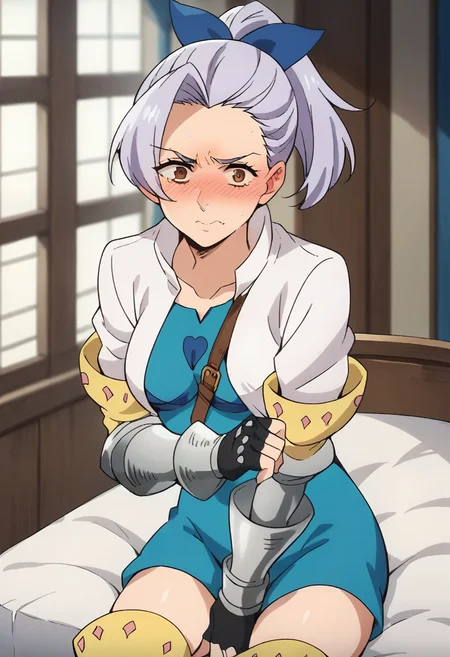 score_9, score_8_up, score_7_up, source_anime, masterpiece, jericho7, 1girl, lavender hair, hair bow, cropped jacket, blue dress, gauntlets, fingerless gloves, thigh boots, indoors, between breasts, looking at viewer, blush, embarrassed, <lora:JerichoPonyXL:0.8>,