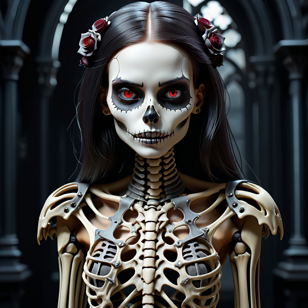 intricate ohoto of a skeleton girl, vampire clothing, cyberpunk style, gothic art